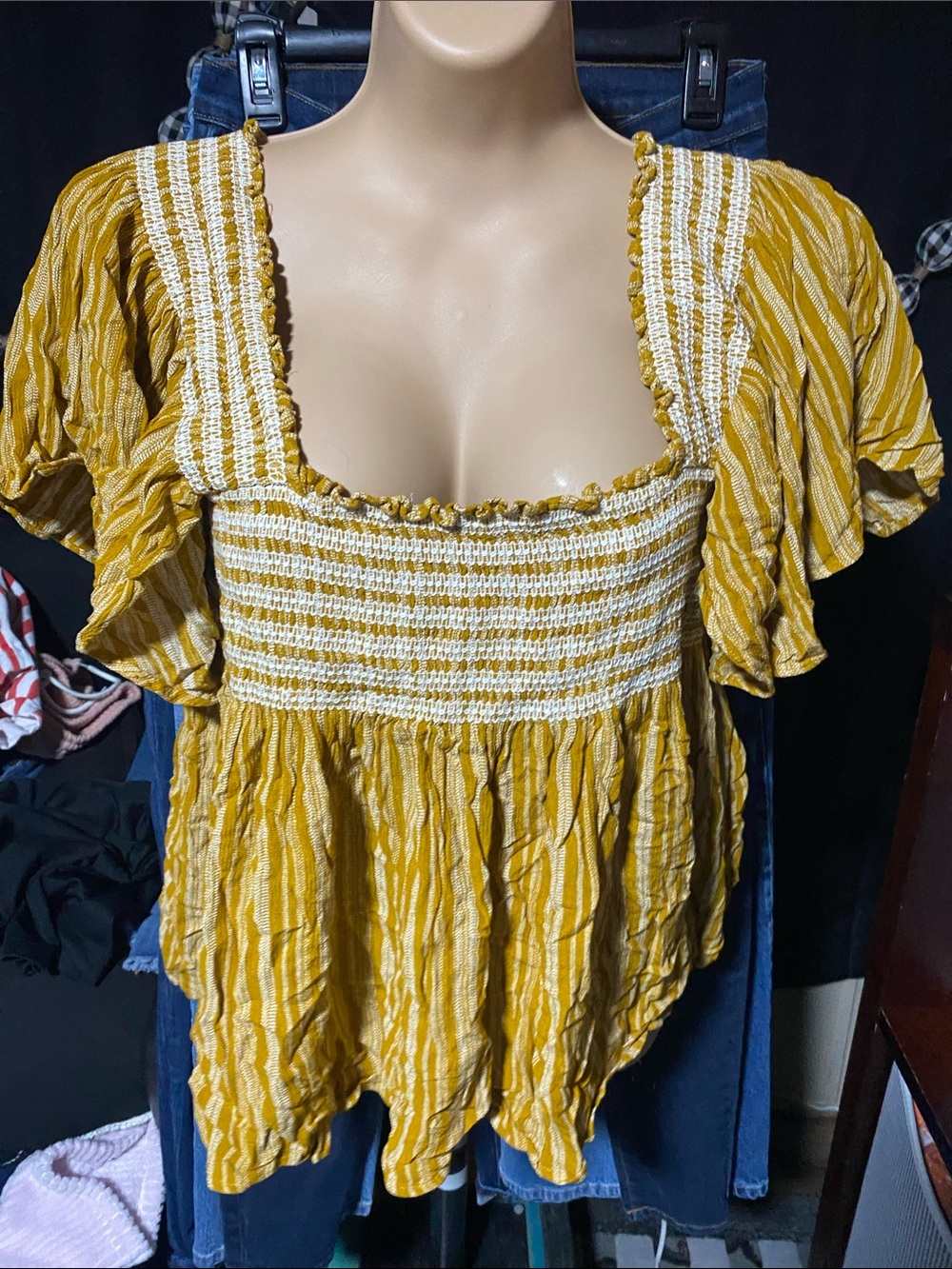 DAVI & DANI Mustard Yellow Smocked Square-Neck Peasant Blouse